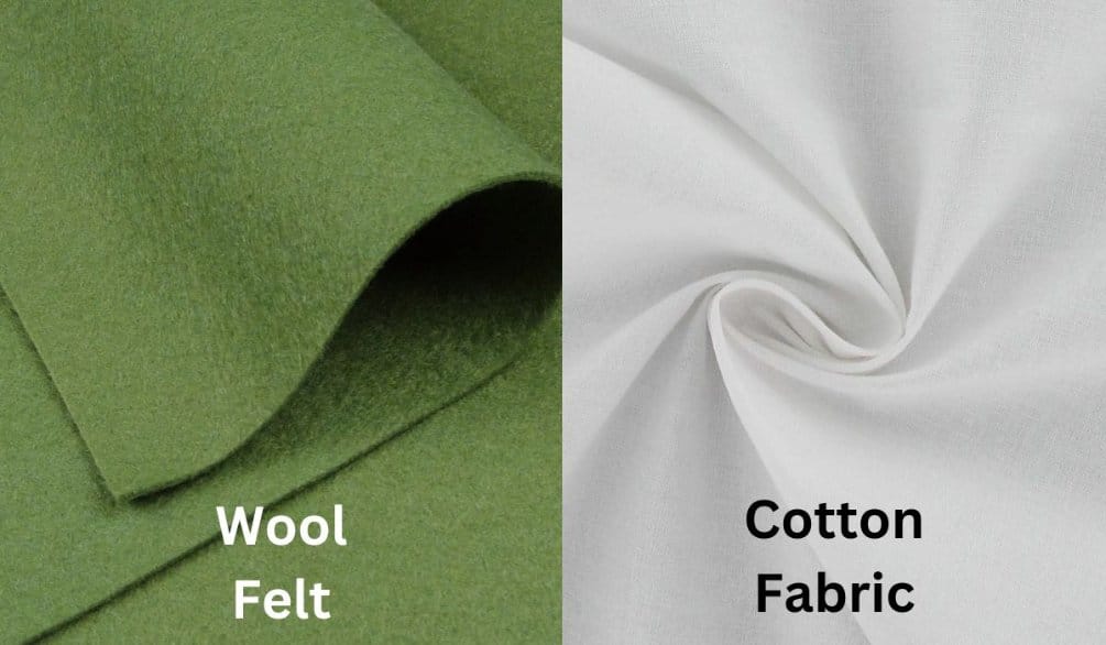 Wool felt and cotton fabric comparison showing non woven felt texture versus woven cotton surface