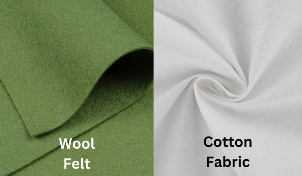 Wool felt and cotton fabric comparison showing non woven felt texture versus woven cotton surface
