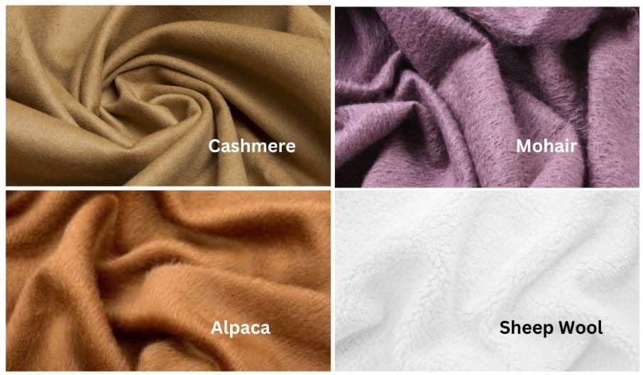 Comparison of wool fiber sources including cashmere, mohair, alpaca, and sheep wool