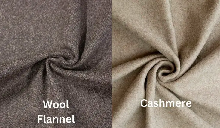 Comparison of wool flannel and cashmere fabrics showing texture differences