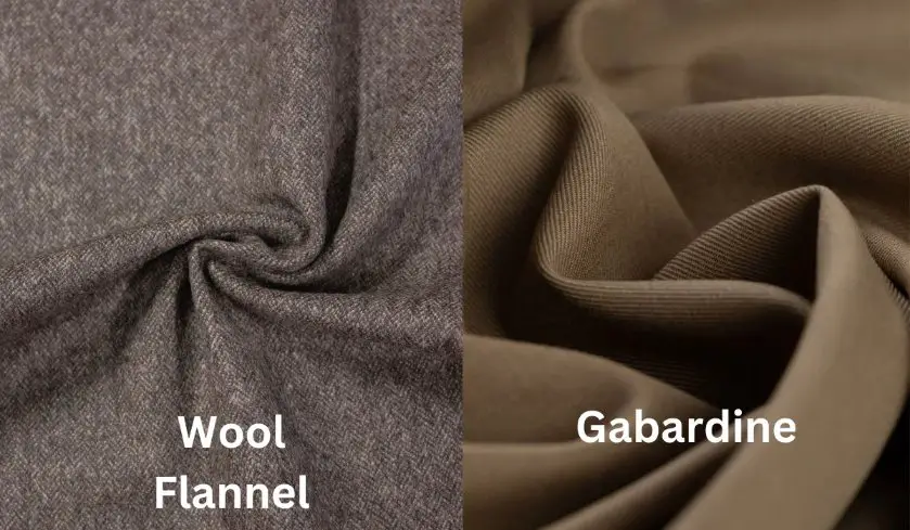 Comparison of wool flannel and gabardine fabrics showing texture and weave differences