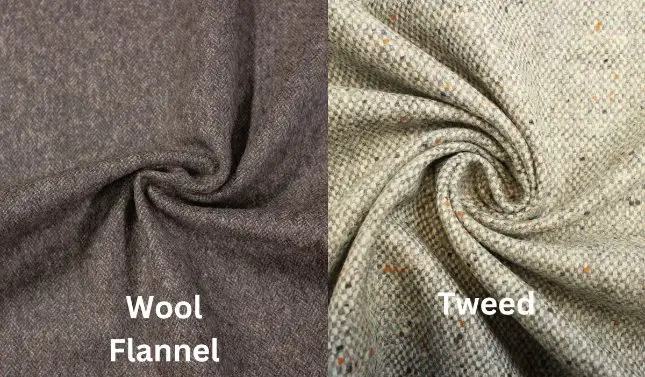 Wool flannel and tweed fabrics compared showing texture and weave variation