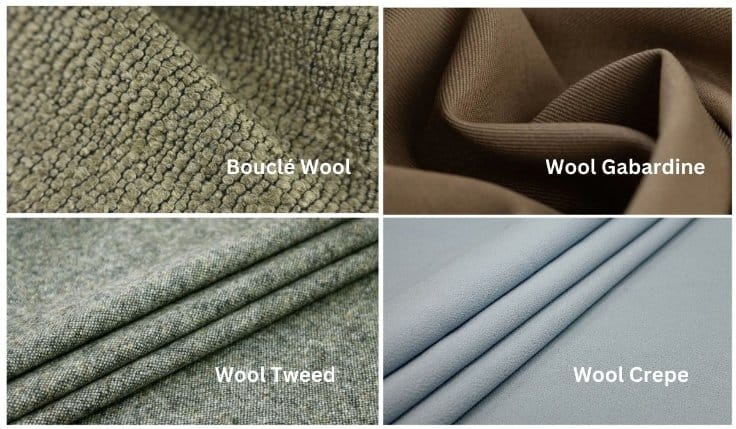 Comparison of wool jersey with bouclé wool gabardine tweed and wool crepe fabrics