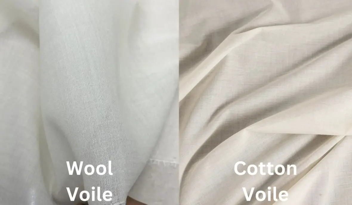 Wool voile versus cotton voile fabric comparison showing texture, drape, and transparency