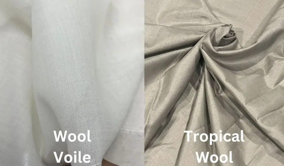 Wool voile versus tropical wool fabric comparison showing lightweight weave and drape differences