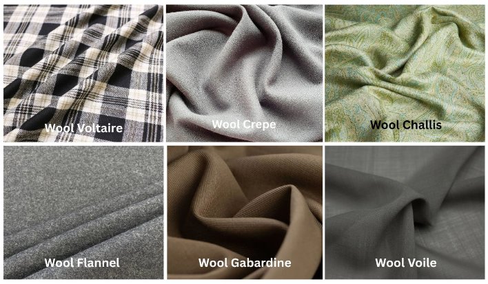 Comparison of wool Voltaire with flannel, gabardine, crepe, challis, and voile fabrics