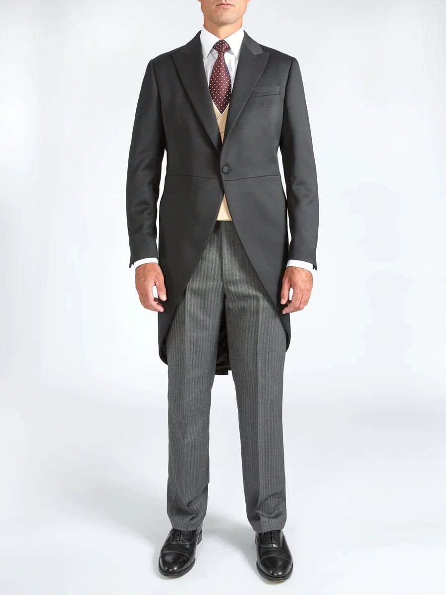 Formal morning suit styled with wool barathea coat and tailored trousers. Credit: Favourbrook