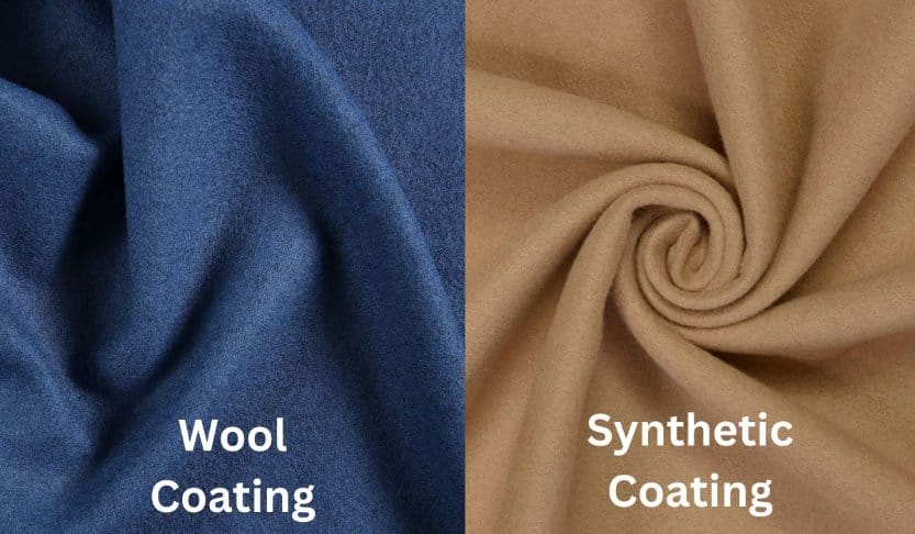 Side by side comparison of wool coating fabric and synthetic coating fabric showing texture and drape differences