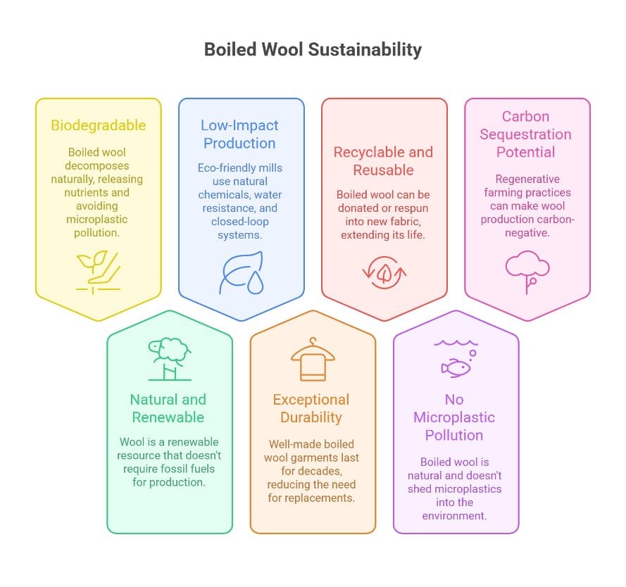 Boiled wool sustainability infographic showing biodegradability, renewable fibers, durability, and low environmental impact