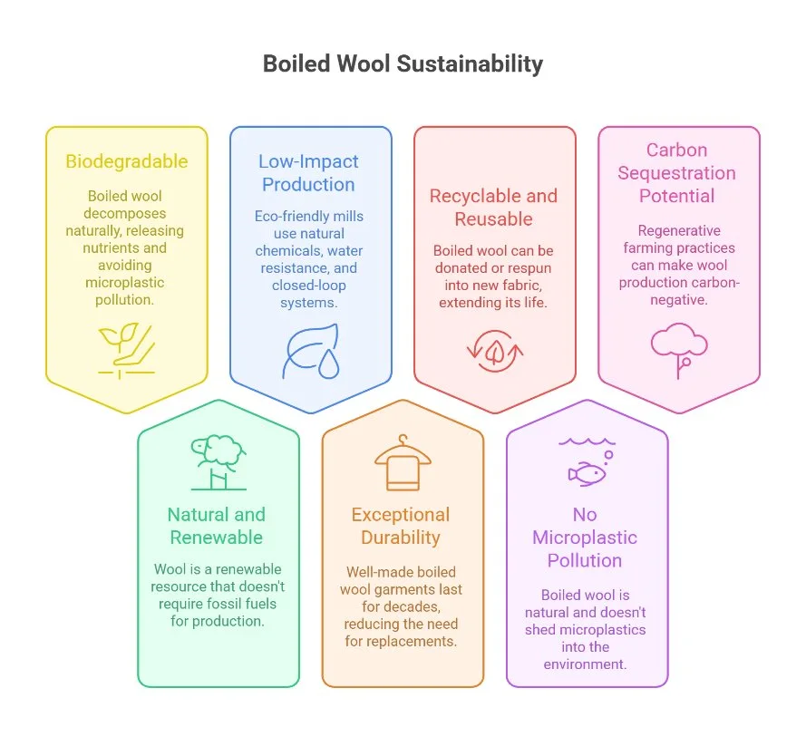 Boiled wool sustainability infographic showing biodegradability, renewable fibers, durability, and low environmental impact