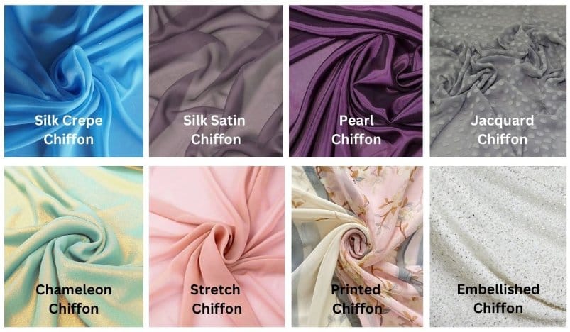 Different types of chiffon fabric including silk crepe chiffon, satin chiffon, pearl chiffon, and printed chiffon