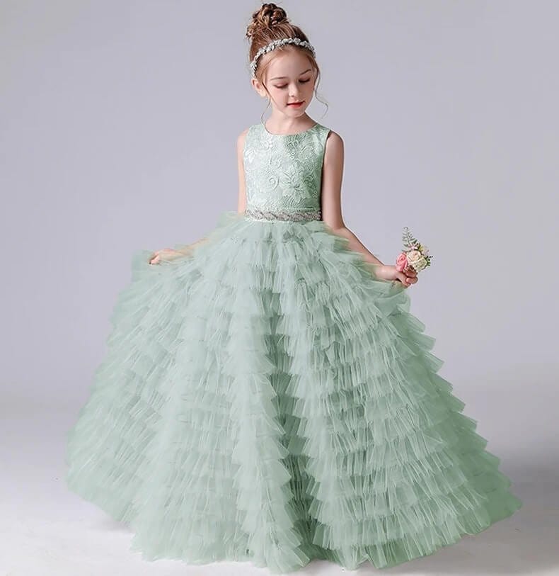 Flower girl dress made from layered chiffon with full skirt and soft ruffles