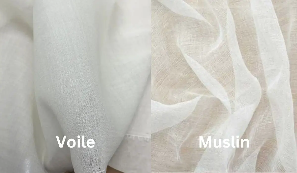Comparison between voile and muslin fabric showing differences in weave, transparency, and drape