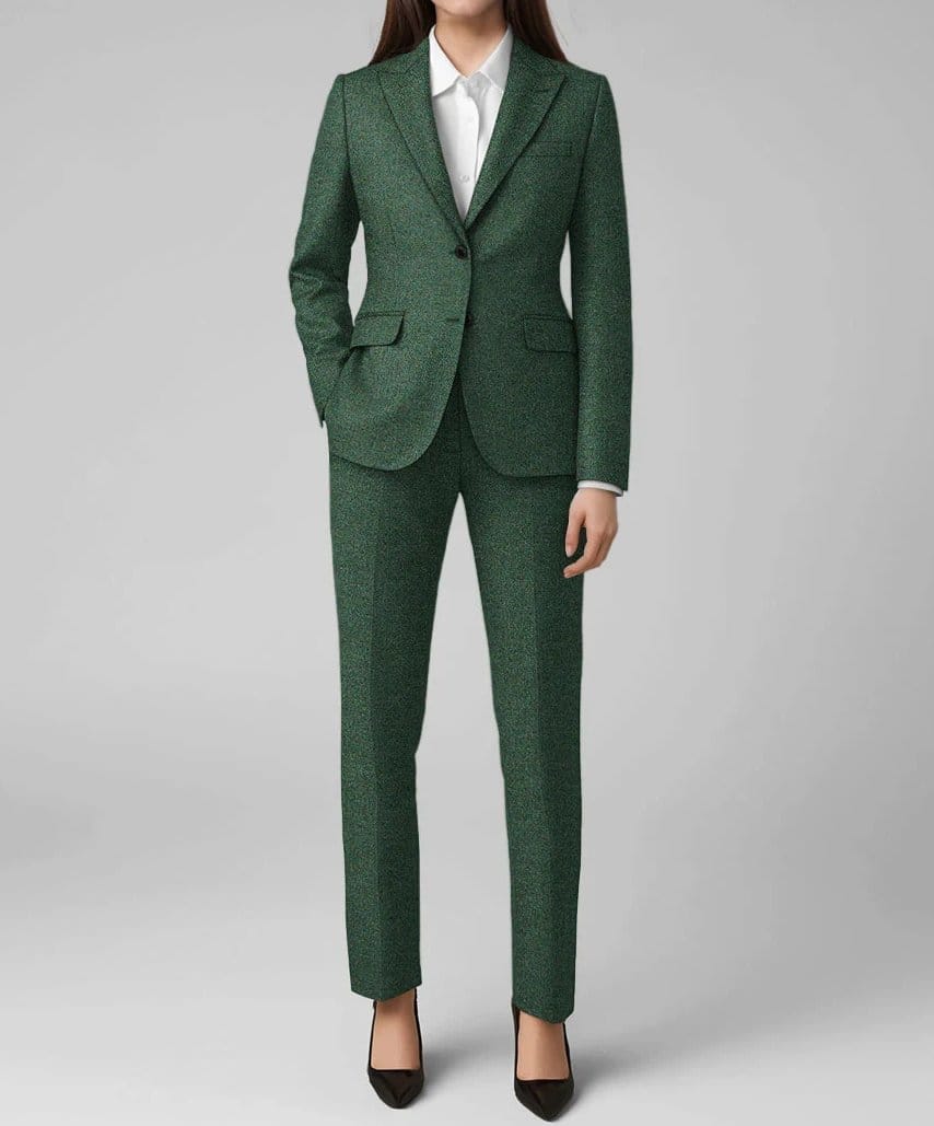 Women's herringbone wool suit in green with tailored jacket and trousers