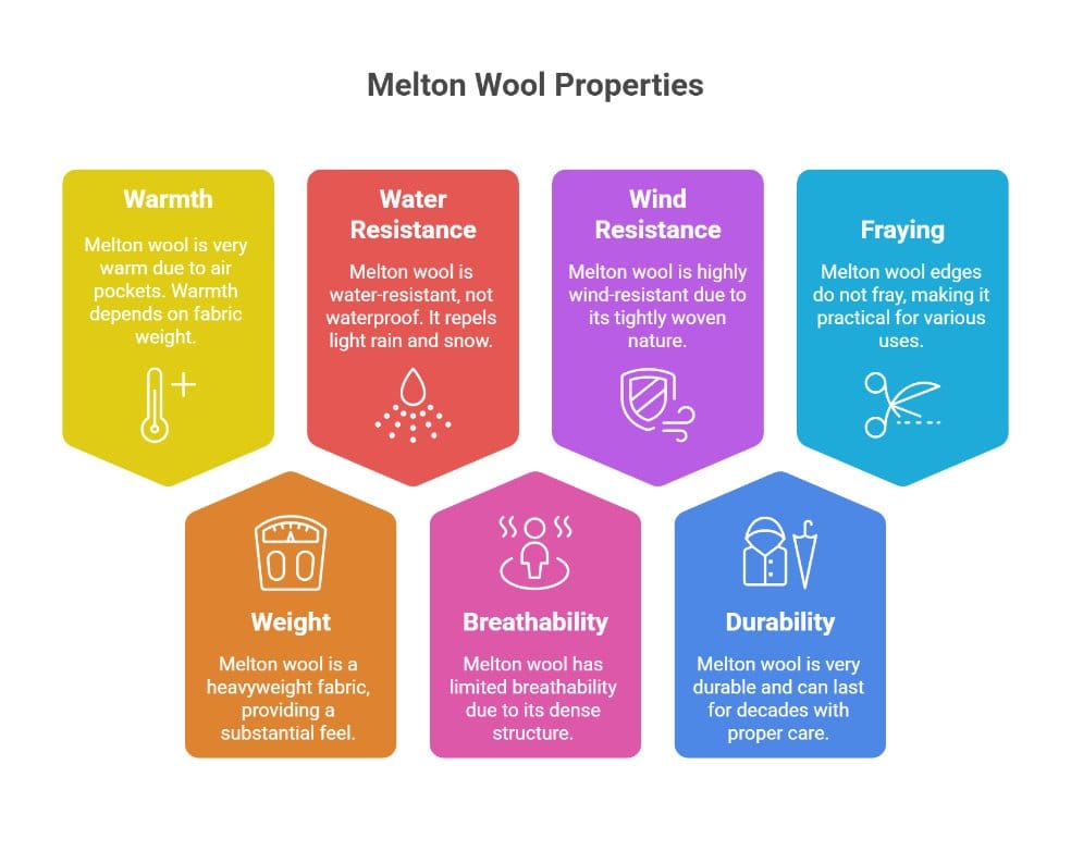 Melton wool properties infographic showing warmth, water resistance, wind resistance, durability, and weight