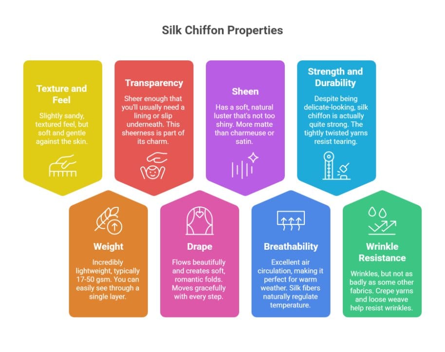 Infographic describing silk chiffon properties including texture drape breathability and strength