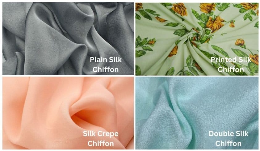 Different types of silk chiffon including plain printed crepe and double silk chiffon fabrics