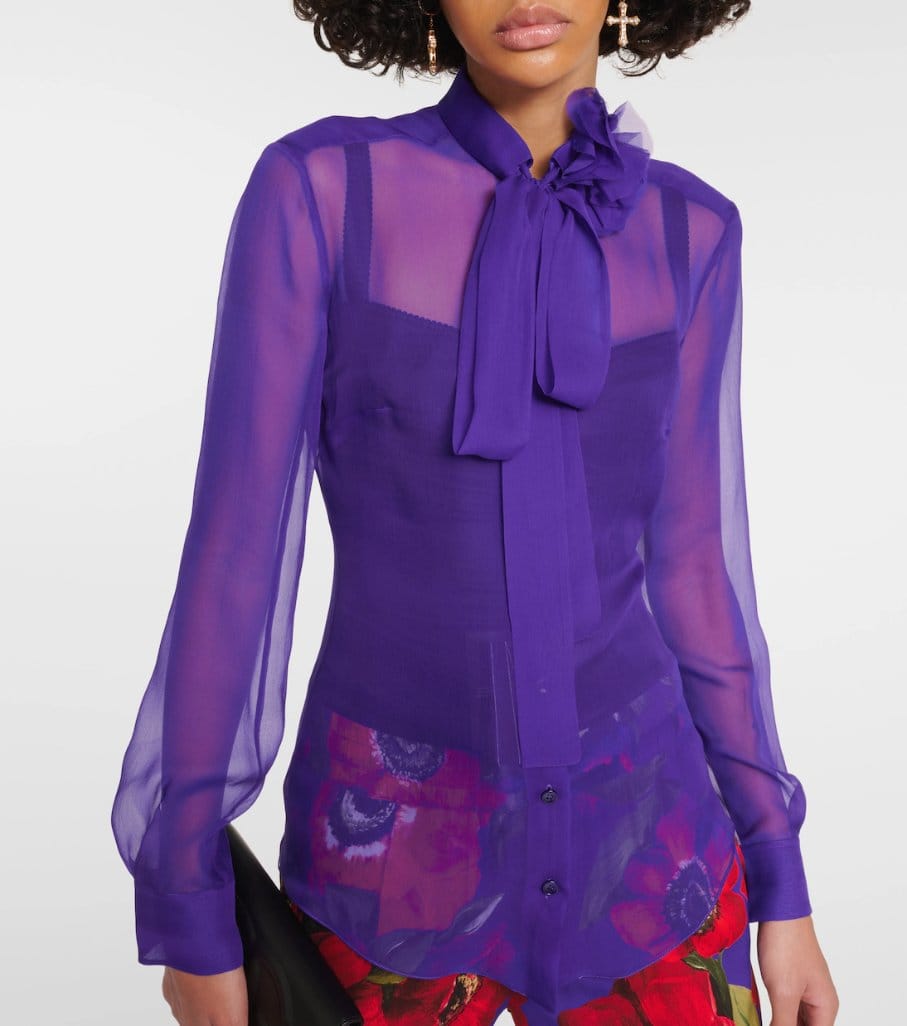 Sheer purple silk chiffon blouse with soft drape and elegant lightweight design