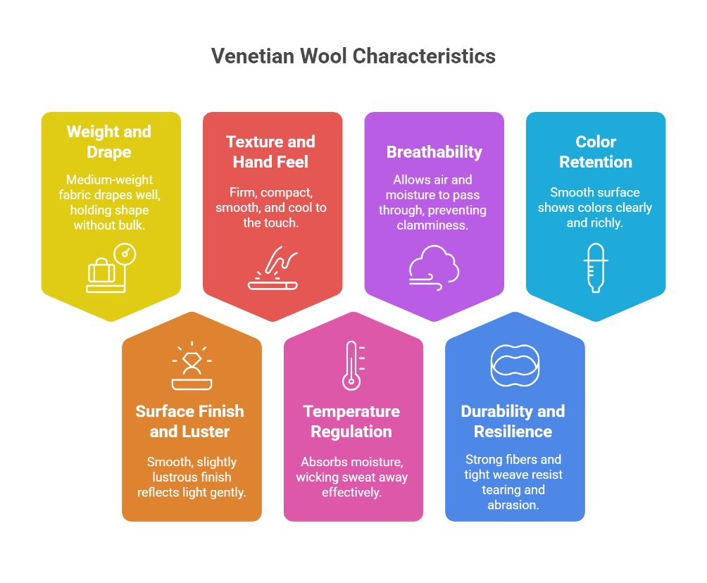 Infographic showing venetian wool characteristics including drape, texture, breathability, color retention, temperature regulation, and durability