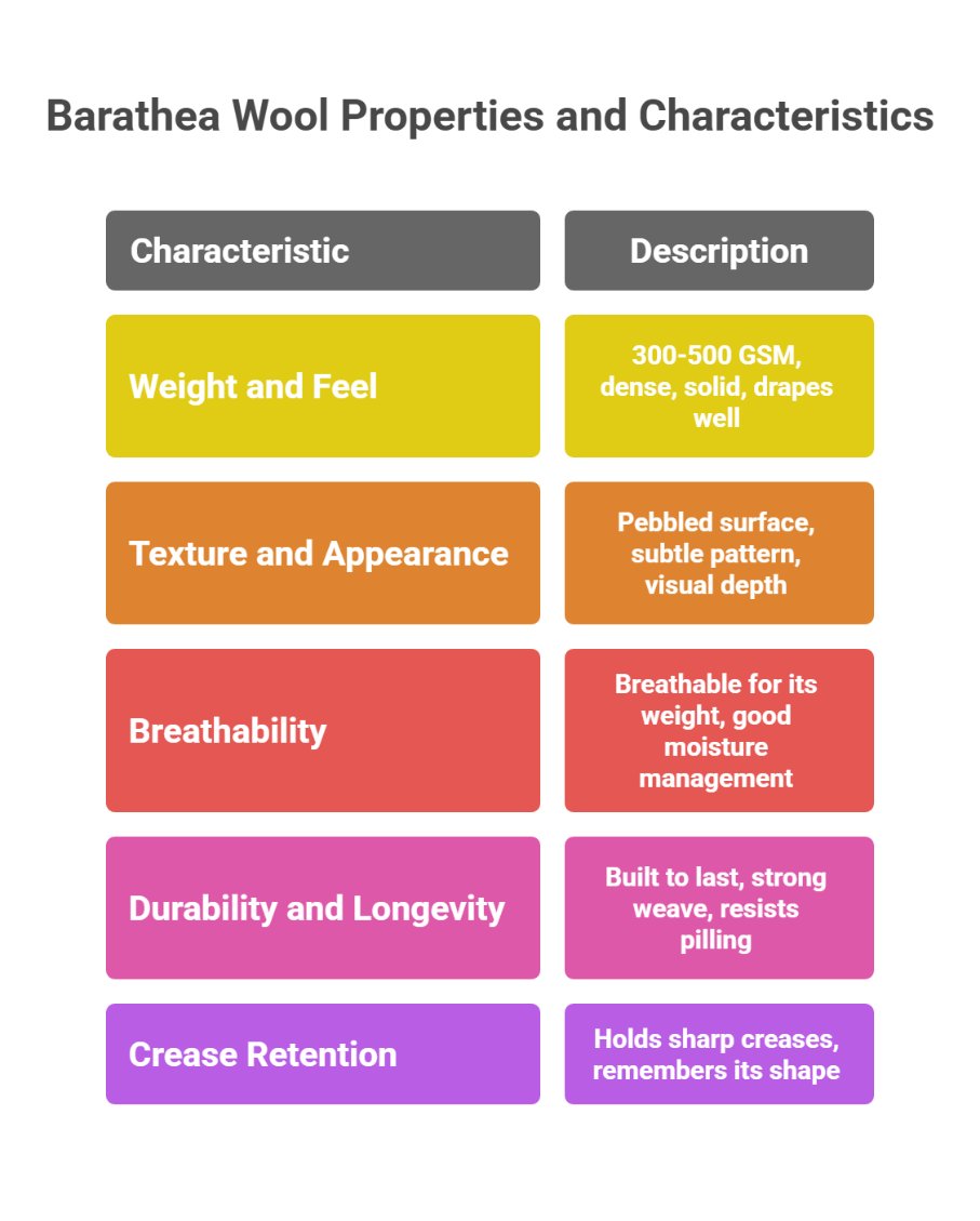 Infographic showing key properties and characteristics of wool barathea fabric