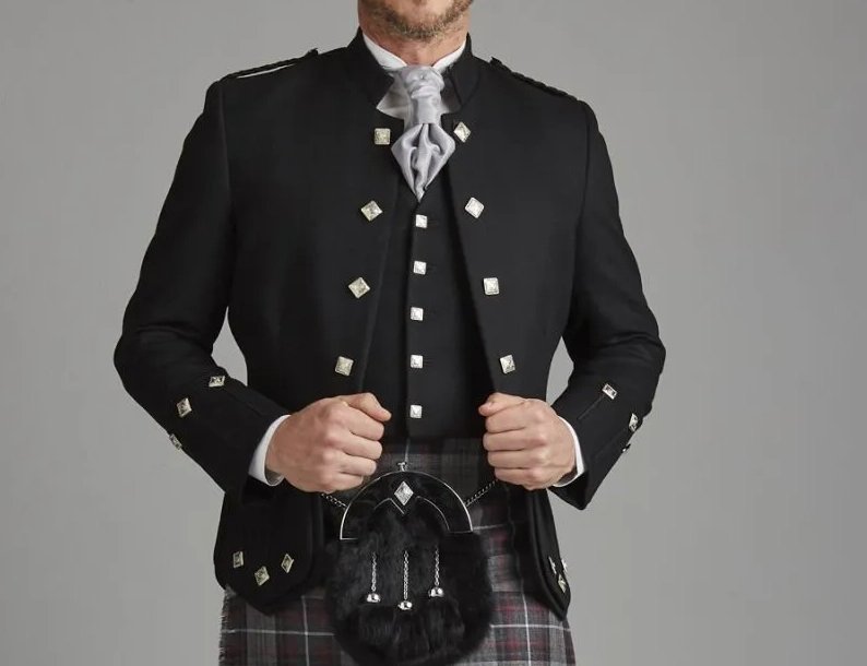 Scottish Highland jacket made from wool barathea worn with traditional tartan attire. Credit: Kinloch Anderson