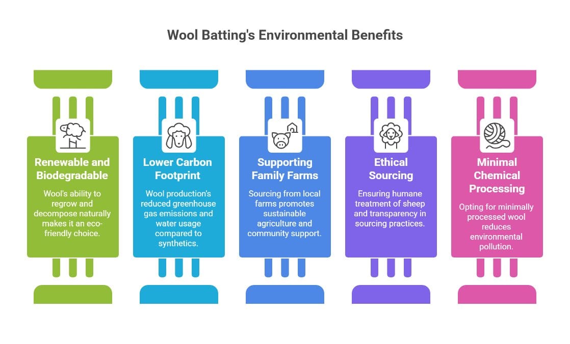 Wool batting environmental benefits infographic showing renewable biodegradable and ethical sourcing