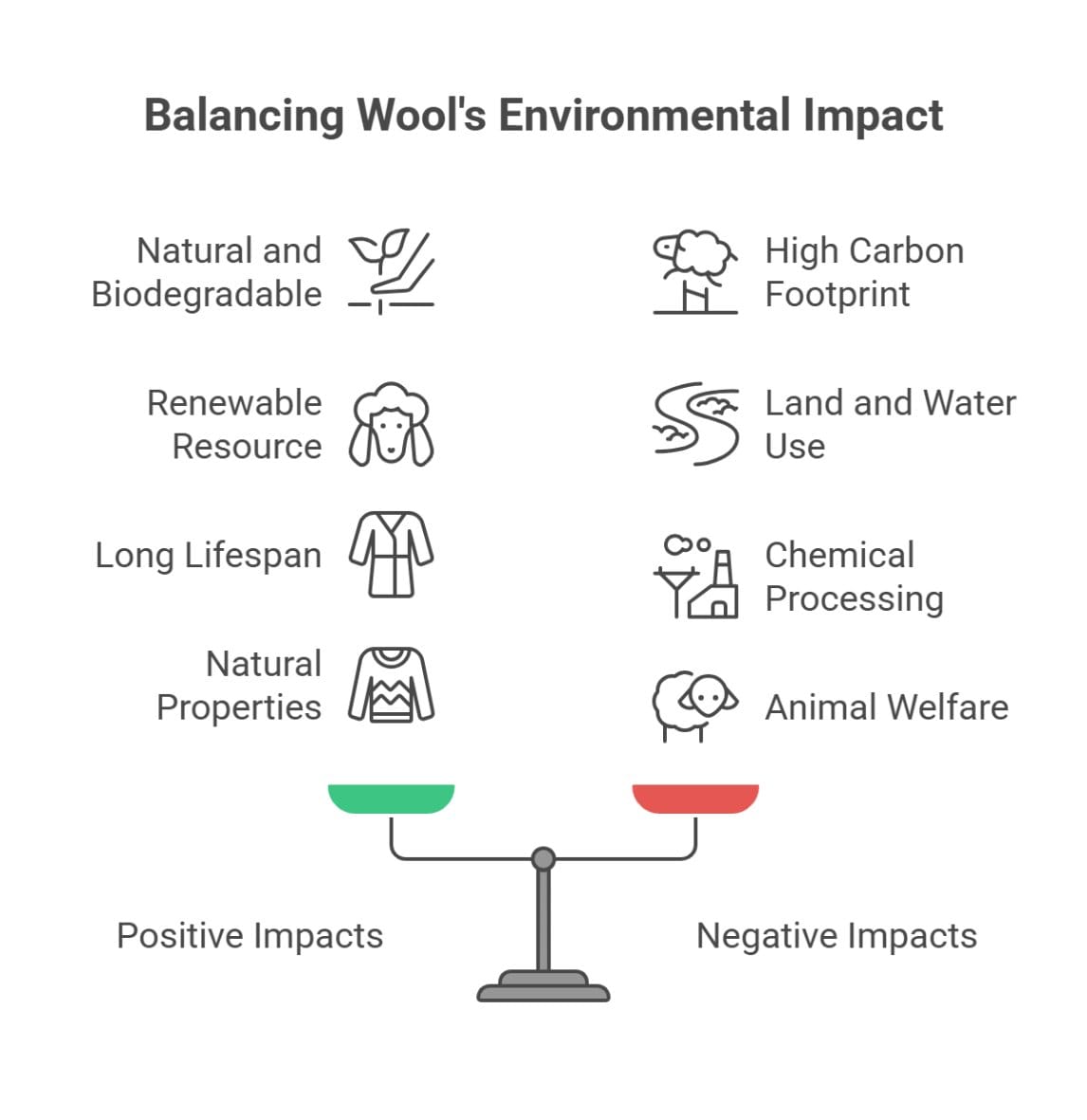 Wool sustainability infographic showing environmental benefits and challenges of wool fabric