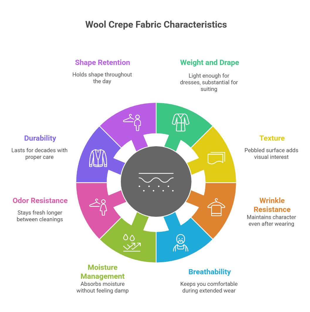 Wool crepe fabric characteristics infographic showing texture, breathability, durability, and drape
