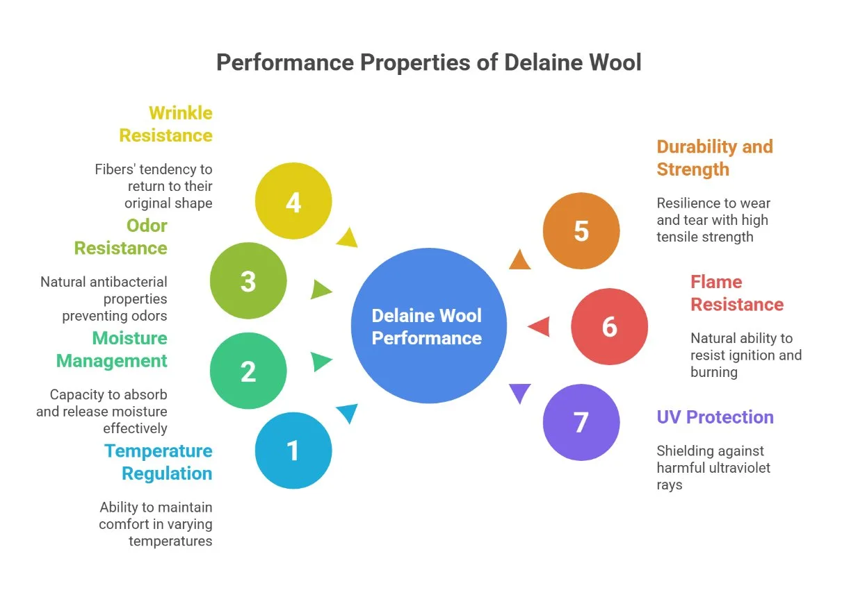 Infographic showing performance properties of wool delaine including durability and temperature regulation