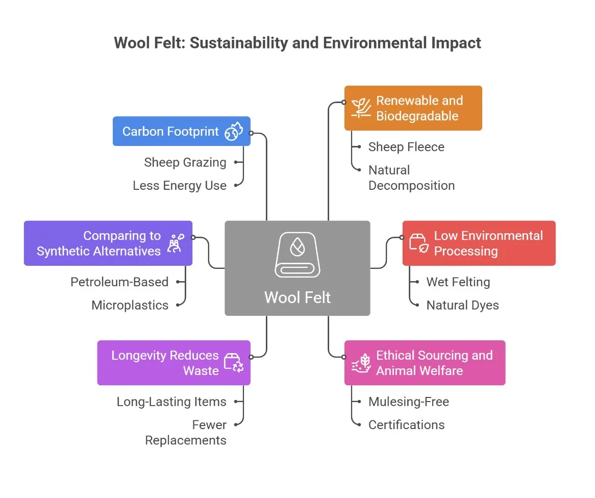 Wool felt sustainability infographic showing renewable fibers, biodegradability, ethical sourcing, and low environmental impact