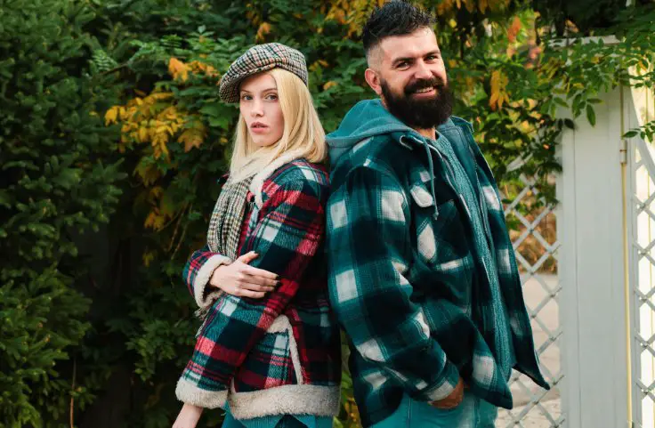 Man and woman wearing wool flannel jackets styled for casual outdoor wear