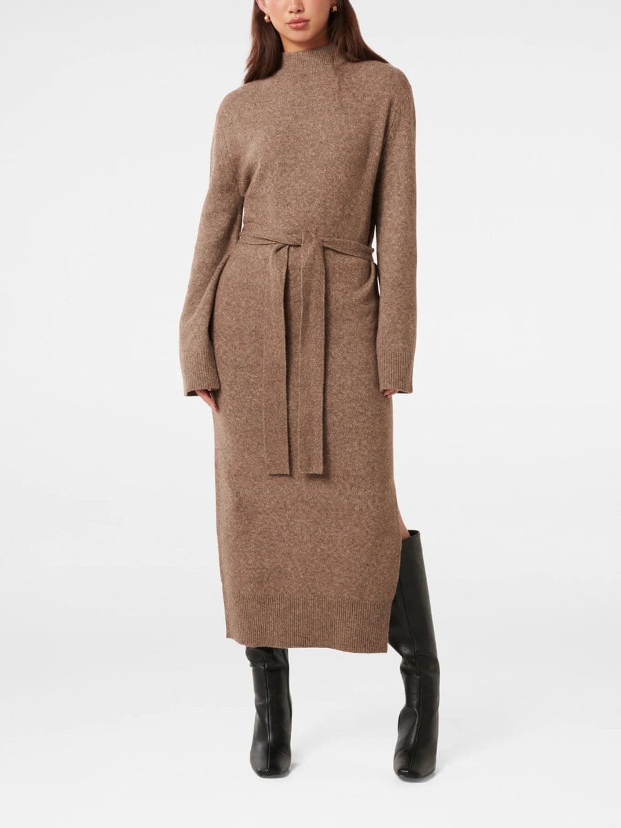 Long sleeve wool jersey dress with belt showing soft drape and structure
