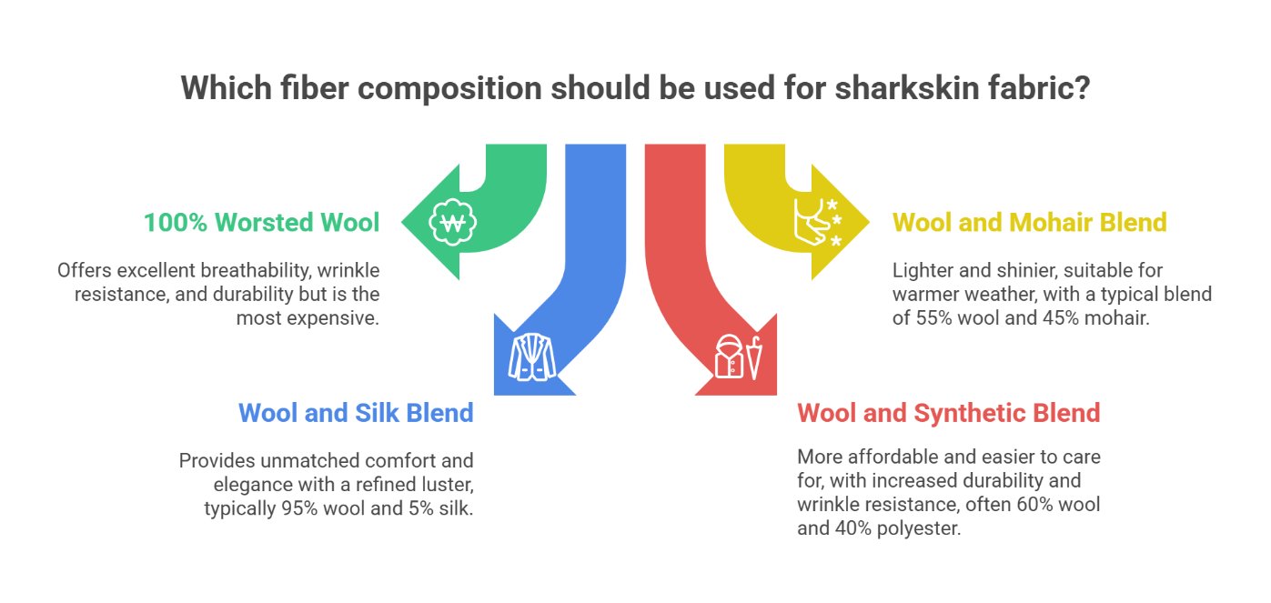 Infographic showing wool sharkskin fiber composition options including worsted wool, wool and silk blend, wool and mohair blend, and wool and synthetic blend