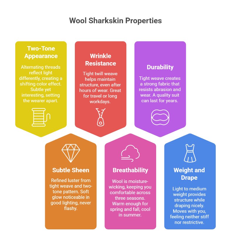 Infographic showing wool sharkskin properties including two tone appearance, wrinkle resistance, durability, breathability, subtle sheen, and balanced drape