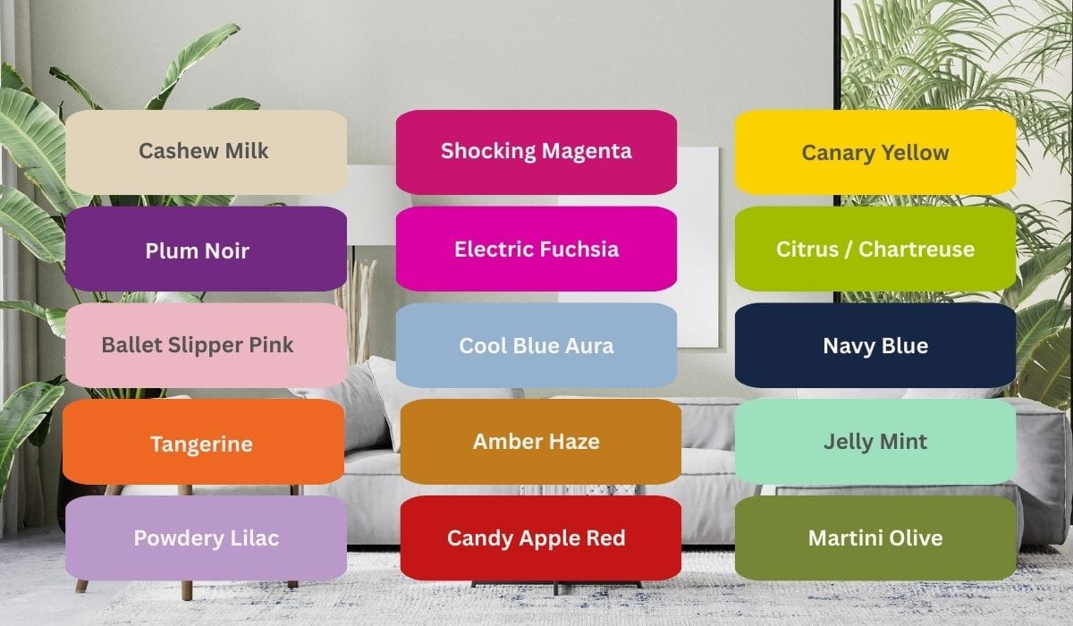 2026 fashion color palette featuring cashew milk, plum noir, shocking magenta, electric fuchsia, canary yellow, citrus chartreuse, navy blue, jelly mint, amber haze, candy apple red, powdery lilac and cool blue aura