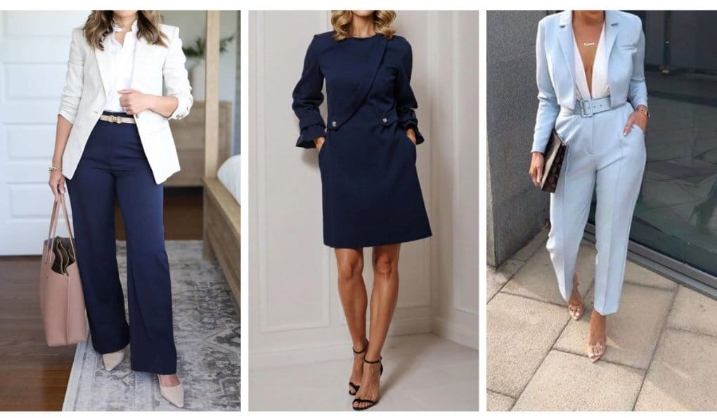 Professional office outfits in navy blue suit, cool blue aura dress and light tailored power suit for 2026 workwear trends