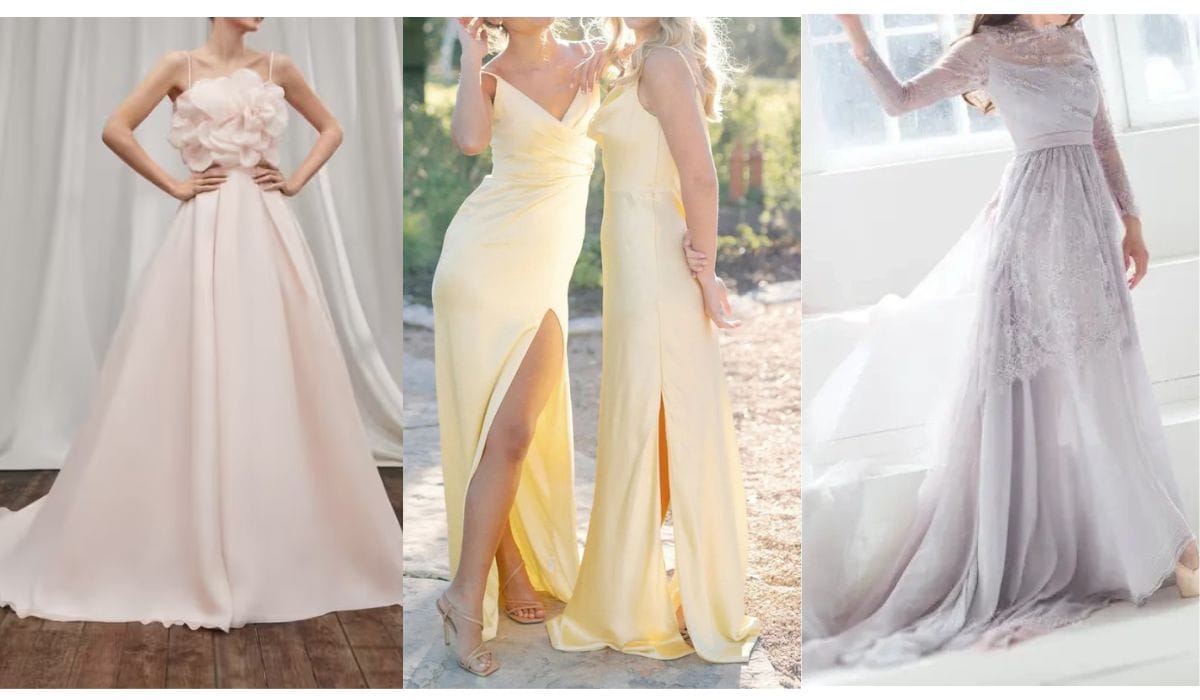 Spring wedding guest dresses in ballet slipper pink, butter yellow and powdery lilac flowing gowns for 2026