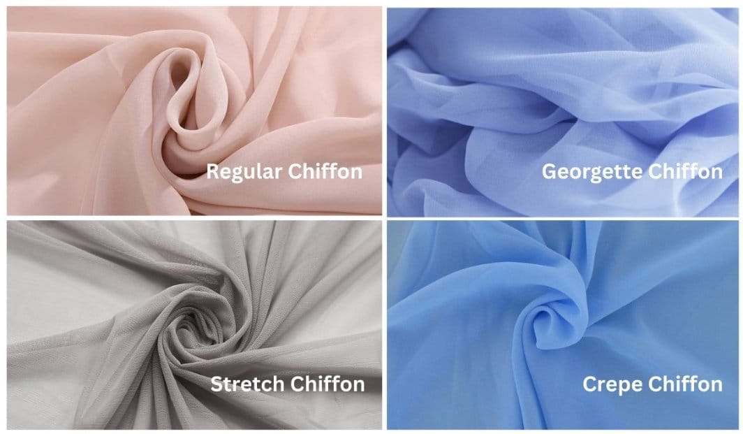 Grid comparing regular chiffon georgette stretch chiffon and crepe chiffon