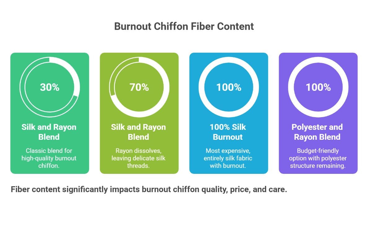 Infographic explaining silk rayon and polyester blends in burnout chiffon