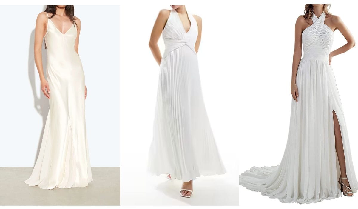 Minimalist Cloud Dancer white outfits including flowy dresses and tailored summer sets