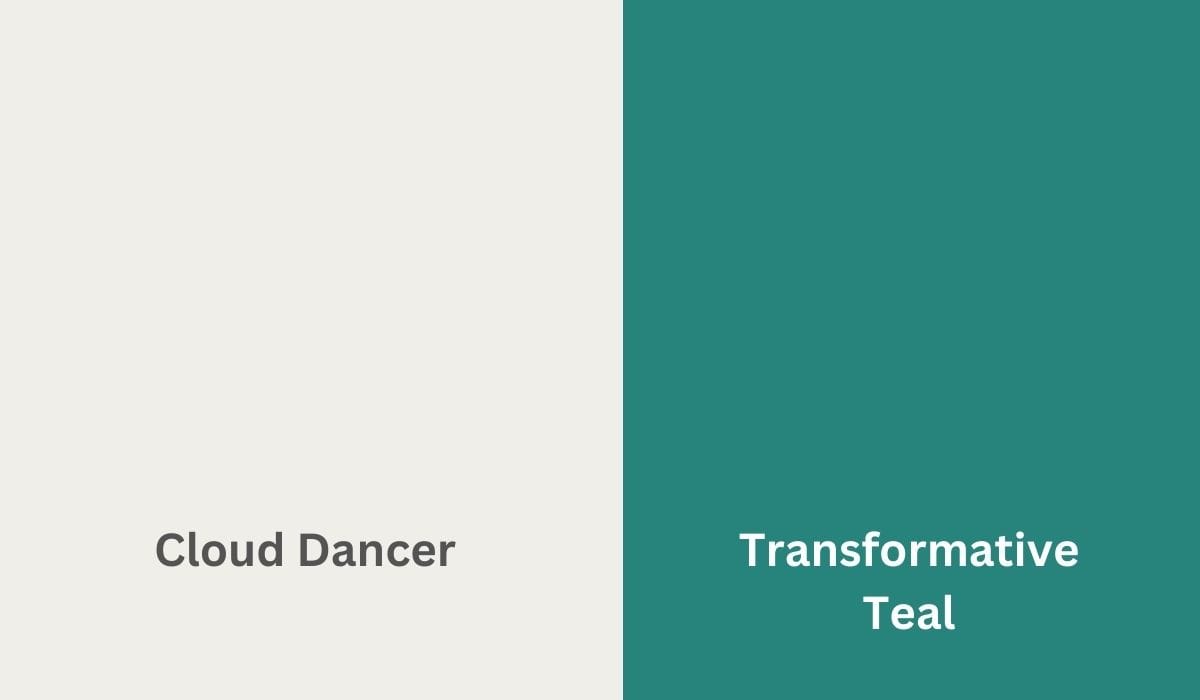 Side by side comparison of Cloud Dancer soft white and Transformative Teal color swatches for 2026 trend forecast