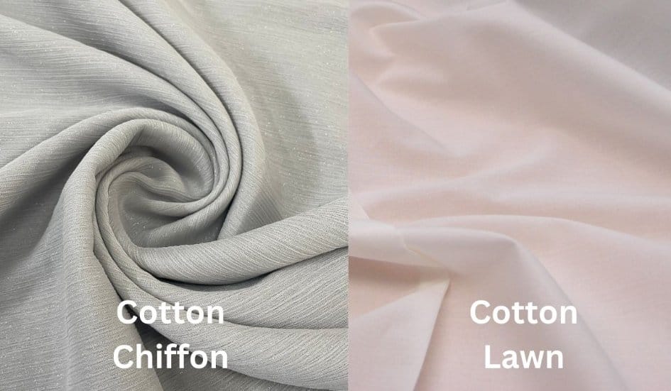 Side by side comparison of cotton chiffon and cotton lawn fabrics showing texture and weave differences