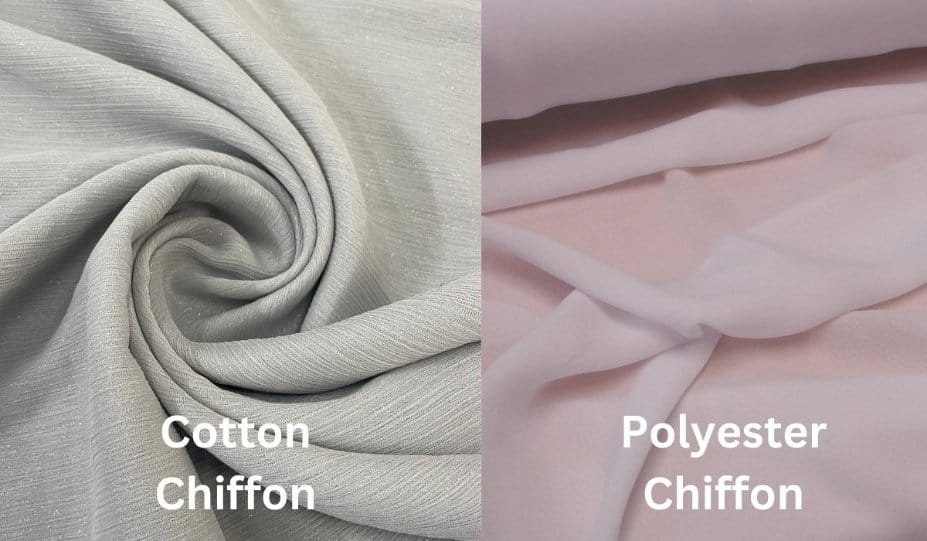 Cotton chiffon and polyester chiffon comparison showing natural and synthetic fabric differences