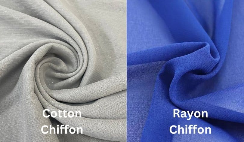 Side by side comparison of cotton chiffon and rayon chiffon fabrics showing texture, weave, and drape differences