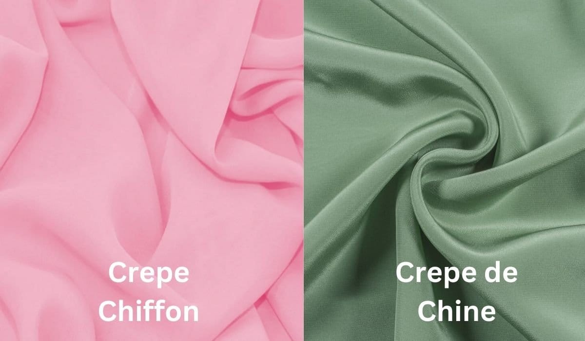 Side by side fabric comparison of crepe chiffon and crepe de chine showing sheer textured weave versus smoother opaque finish