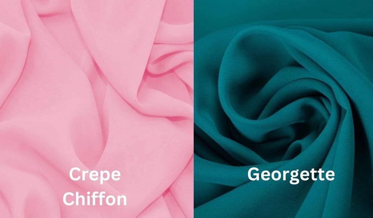 Comparison of crepe chiffon and georgette fabrics highlighting soft drape versus slightly heavier crisp texture