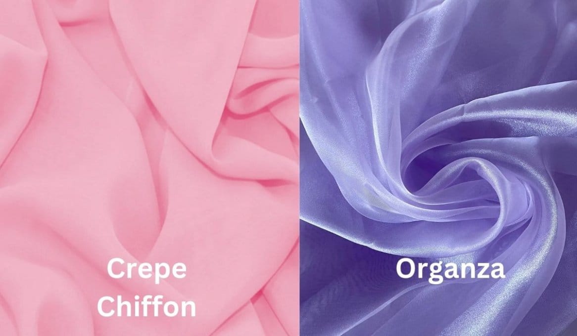 Crepe chiffon compared with organza fabric showing soft matte flow versus stiff crisp translucent texture