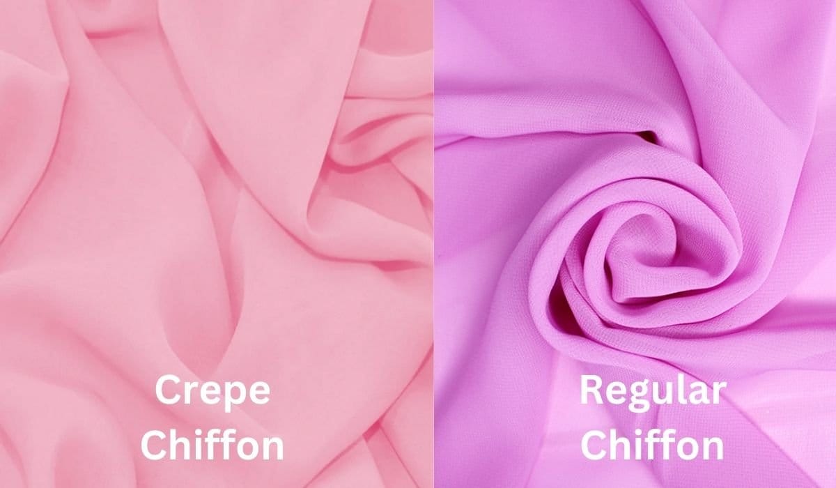Side by side view of crepe chiffon and regular chiffon showing textured matte surface versus smoother classic chiffon finish