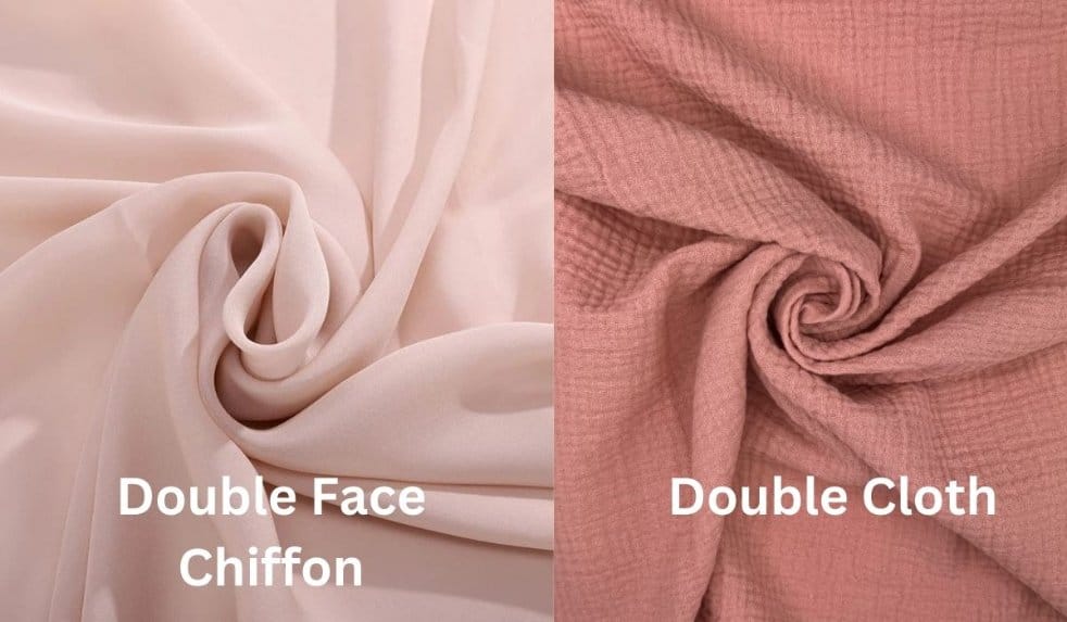 Comparison of double face chiffon and double cloth fabric showing lightweight sheer chiffon beside thicker textured woven cloth