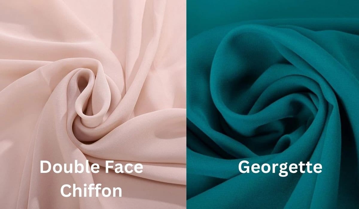 Double face chiffon and georgette fabric comparison showing smooth lightweight chiffon next to slightly crinkled textured georgette